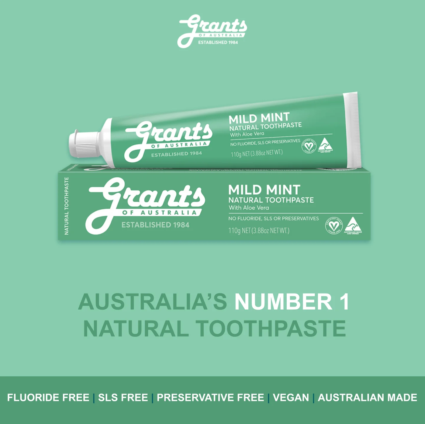 Grants Natural Toothpaste MILD MINT (Fluoride Free) 110g