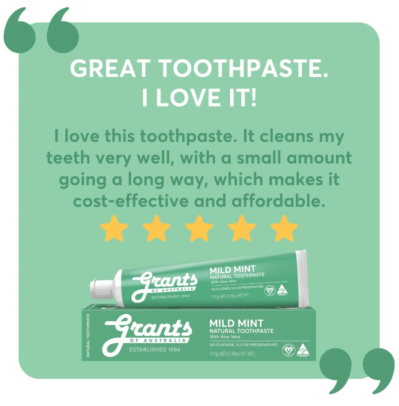 Grants Natural Toothpaste MILD MINT (Fluoride Free) 110g