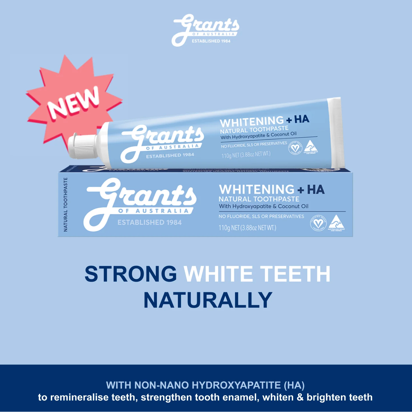 Grants Natural Toothpaste WHITENING +HA (Fluoride Free) 110g